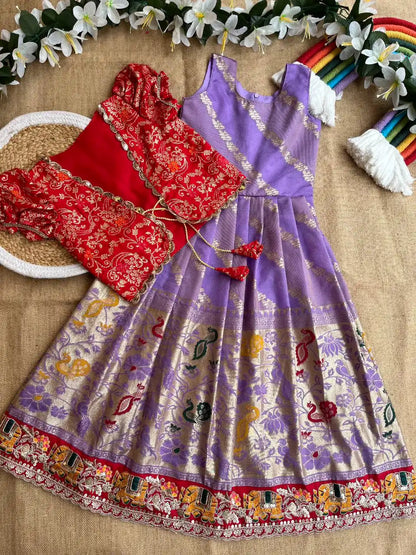 Soft Tissue Silk Paithani Weaving Kids Gown - Lilac