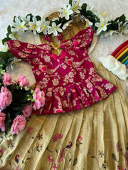 Kids Nylon Silk Embroidery Lehenga - Cream