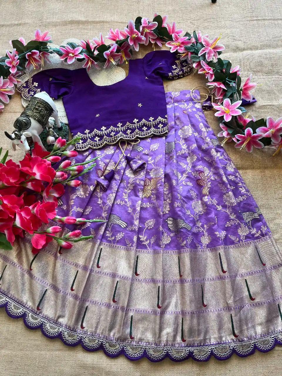 Kids Banarasi Dola Silk Paithani Lehenga - Lilac