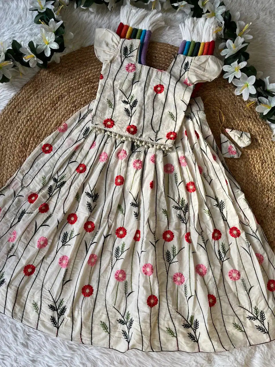Floral Embroidered Cotton Kids Lehehnga Set