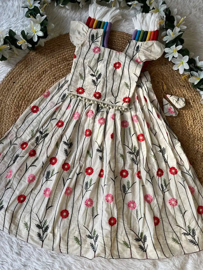 Floral Embroidered Cotton Kids Lehehnga Set