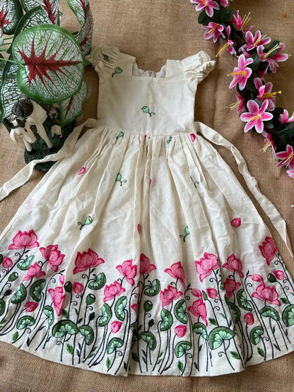 Kids Kora Cotton Lotus Embroidery Work Gown
