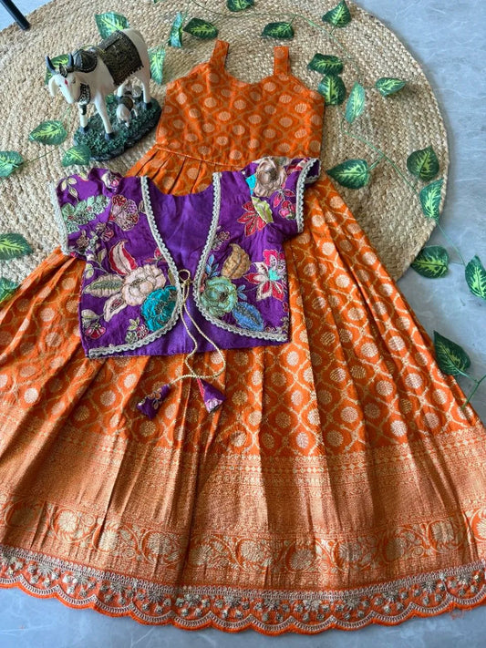 Kids Royal Zari Twirl Gown Set - Orange