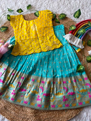 Kids Kalamkari Lehenga - Yellow & Sky