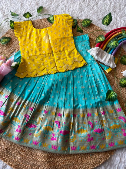 Kids Kalamkari Lehenga - Yellow & Sky