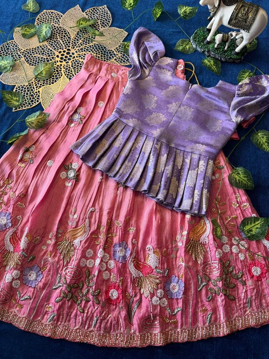 Flamingo Bead & Moti Work Kids Lehenga - Lilac & Pink