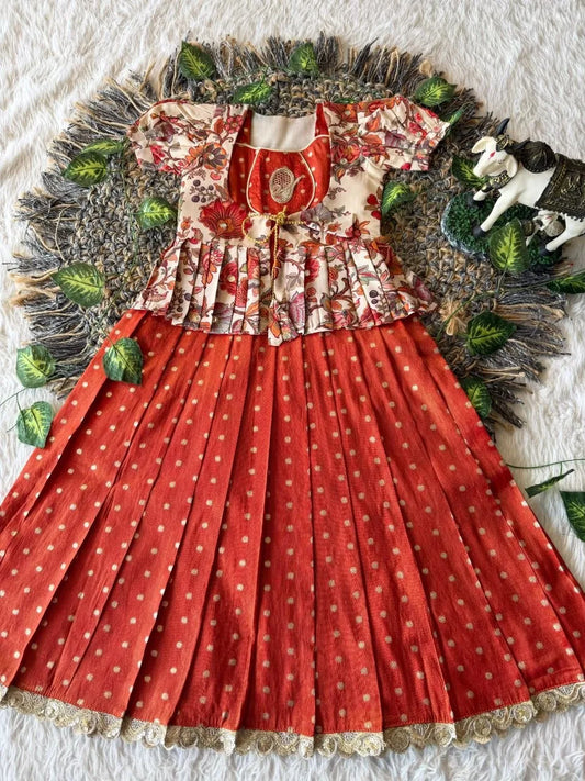 Kids Tissue Gown Kalamkari Mirror Work Coat - Red