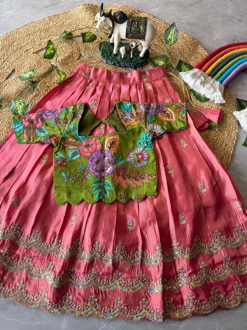 Kids Rainbow Work Designer Lehenga - Parrot & Pink