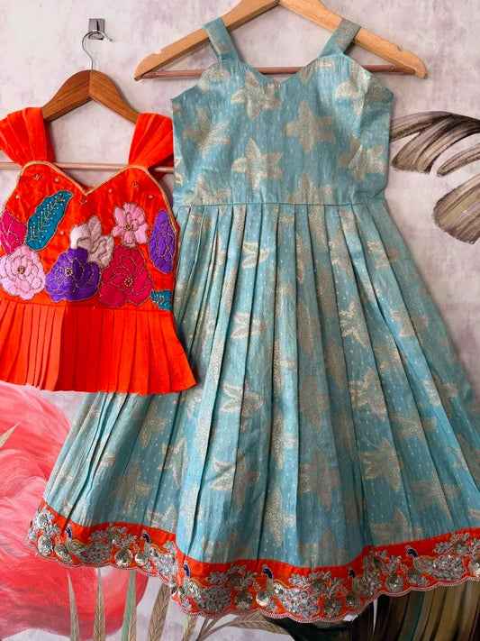 Kids Floral Gown with Maggam Work Coat - Sky
