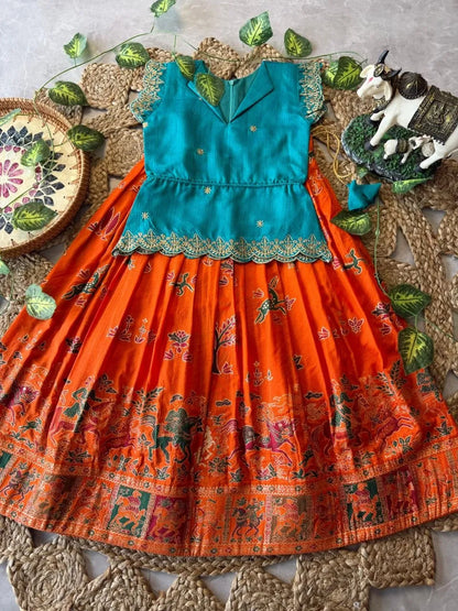 Kids Jungle Theme Position Jacquard Lehenga - Sky-Orange