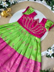 Jaquard Silk Lotus Maggam Work Gown/Frock - Pink & Parrot