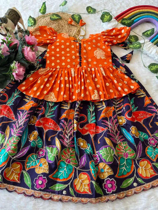 Kids Dola Silk Position Embroidered Lehenga Set - Orange