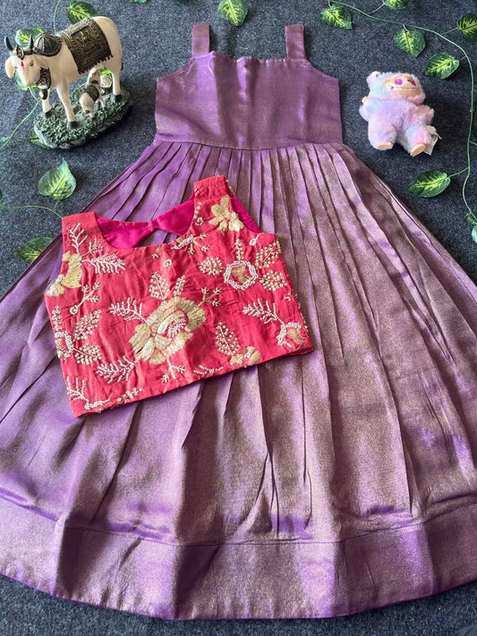 Kids Tissue Gown with Handwork Coat - Lilac & pink
