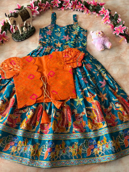 Beautiful Position & Kalamkari Kids Gown with Coat - Rama