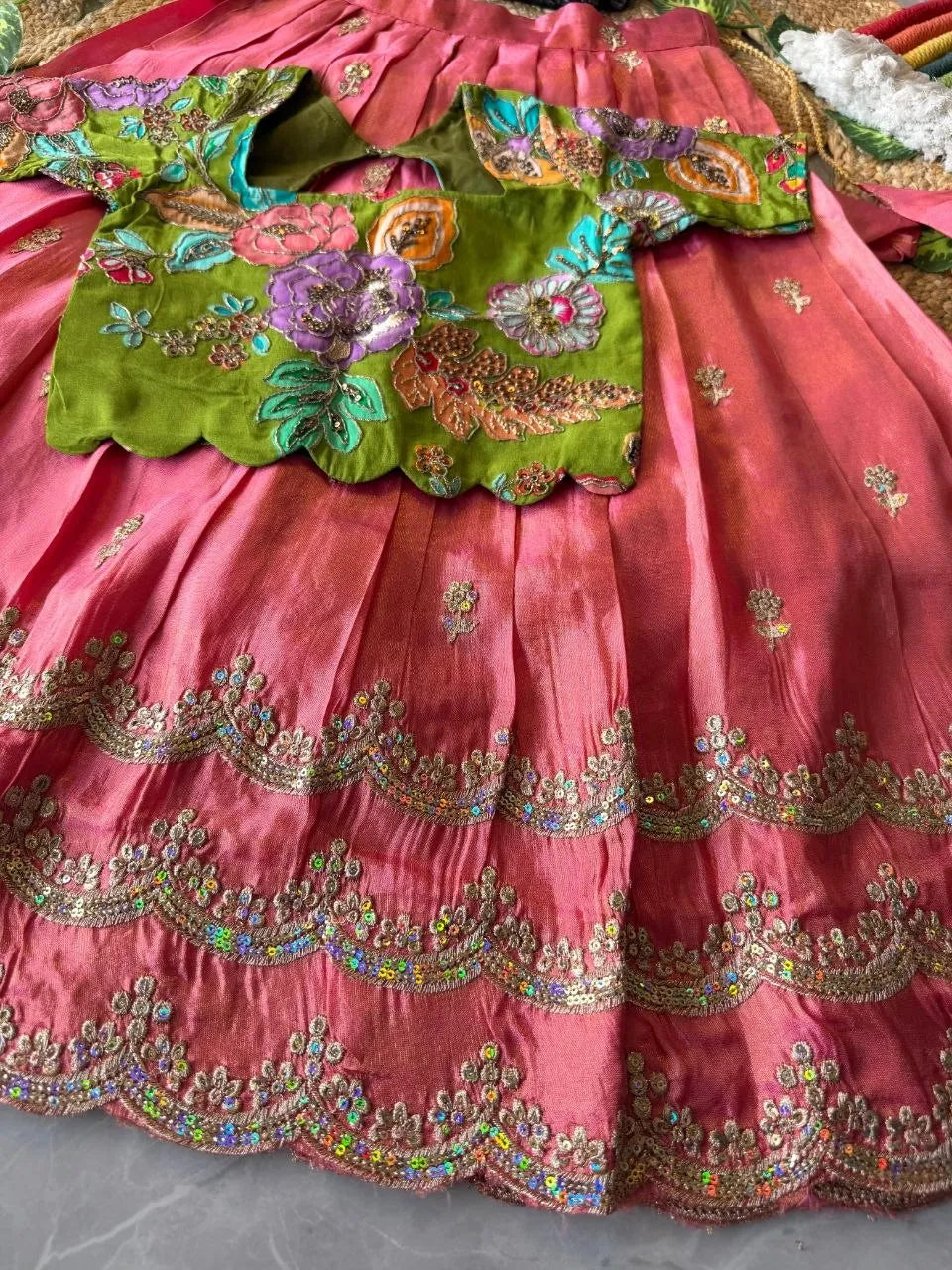 Kids Rainbow Work Designer Lehenga - Parrot & Pink