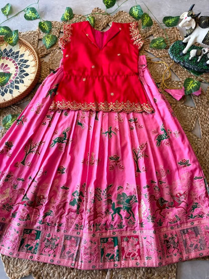 Kids Jungle Theme Position Jacquard Lehenga - Red-Pink