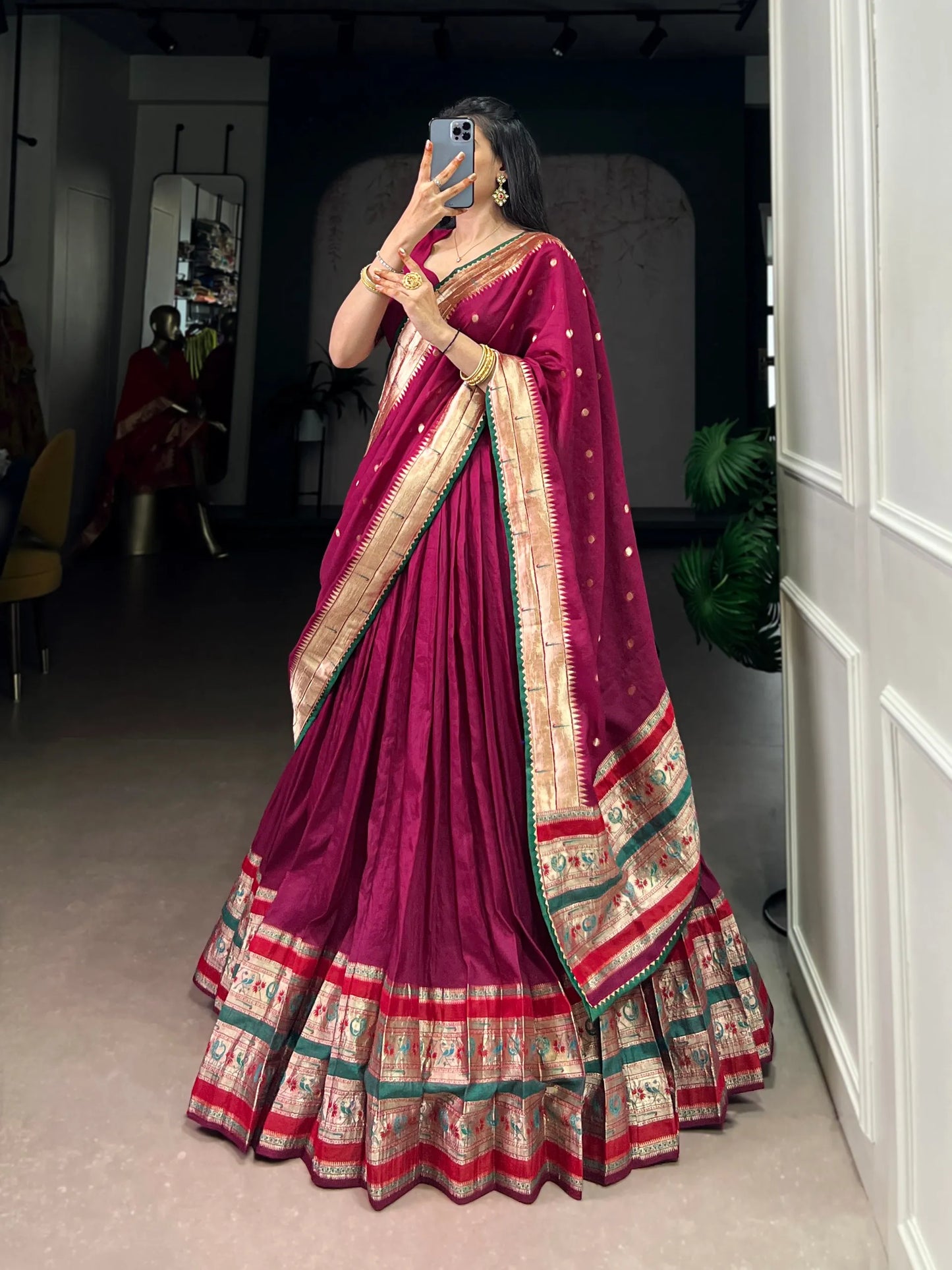 Soft Pure Chanderi Gotta Patti Lace Paithani Lehenga Choli - Majenta Pink