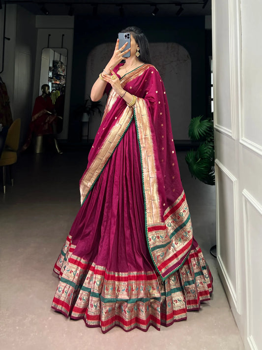 Soft Pure Chanderi Gotta Patti Lace Paithani Lehenga Choli - Majenta Pink
