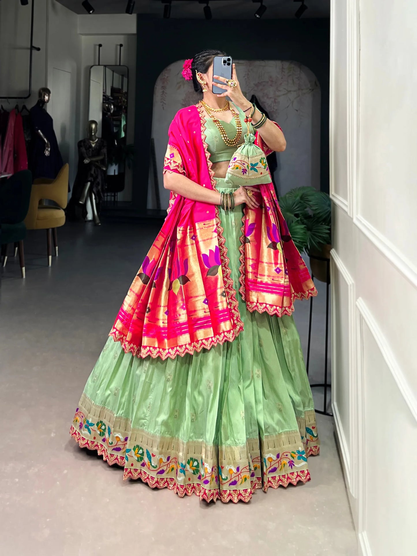 Maharashtrian Wedding Paithani Lehenga Choli - Pista