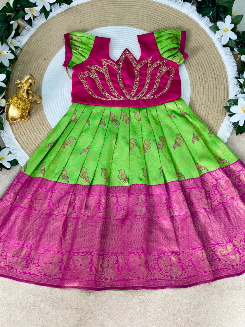 Jaquard Silk Lotus Maggam Work Gown/Frock - Pink & Parrot