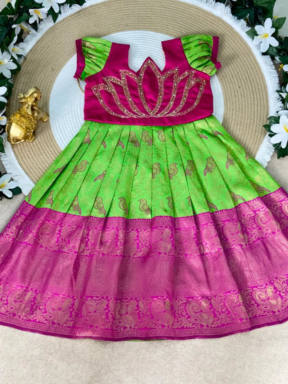 Jaquard Silk Lotus Maggam Work Gown/Frock - Pink & Parrot