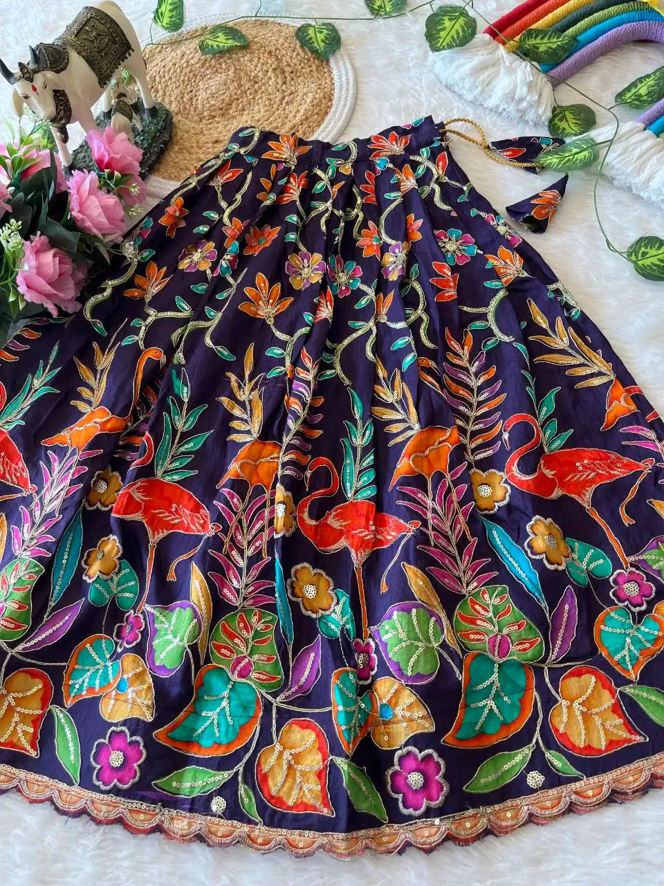Kids Dola Silk Position Embroidered Lehenga Set - Orange