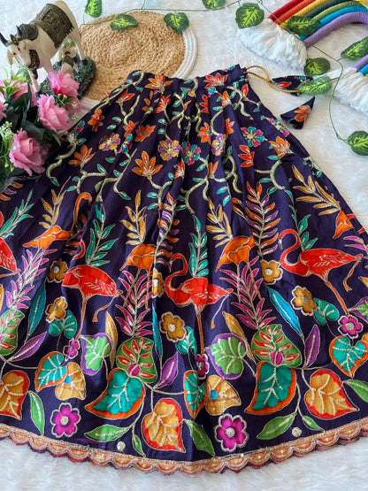 Kids Dola Silk Position Embroidered Lehenga Set - Orange