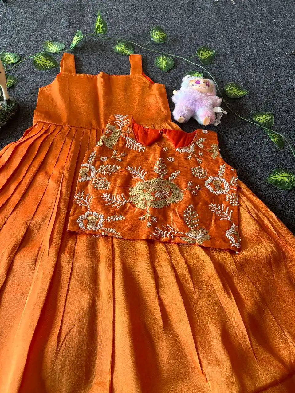 Kids Tissue Gown with Handwork Coat - Orange