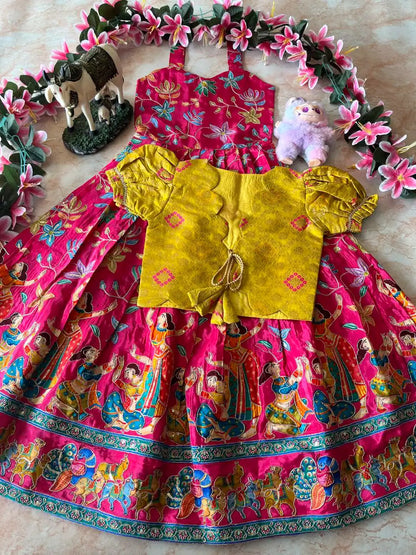 Beautiful Position & Kalamkari Kids Gown with Coat - Pink