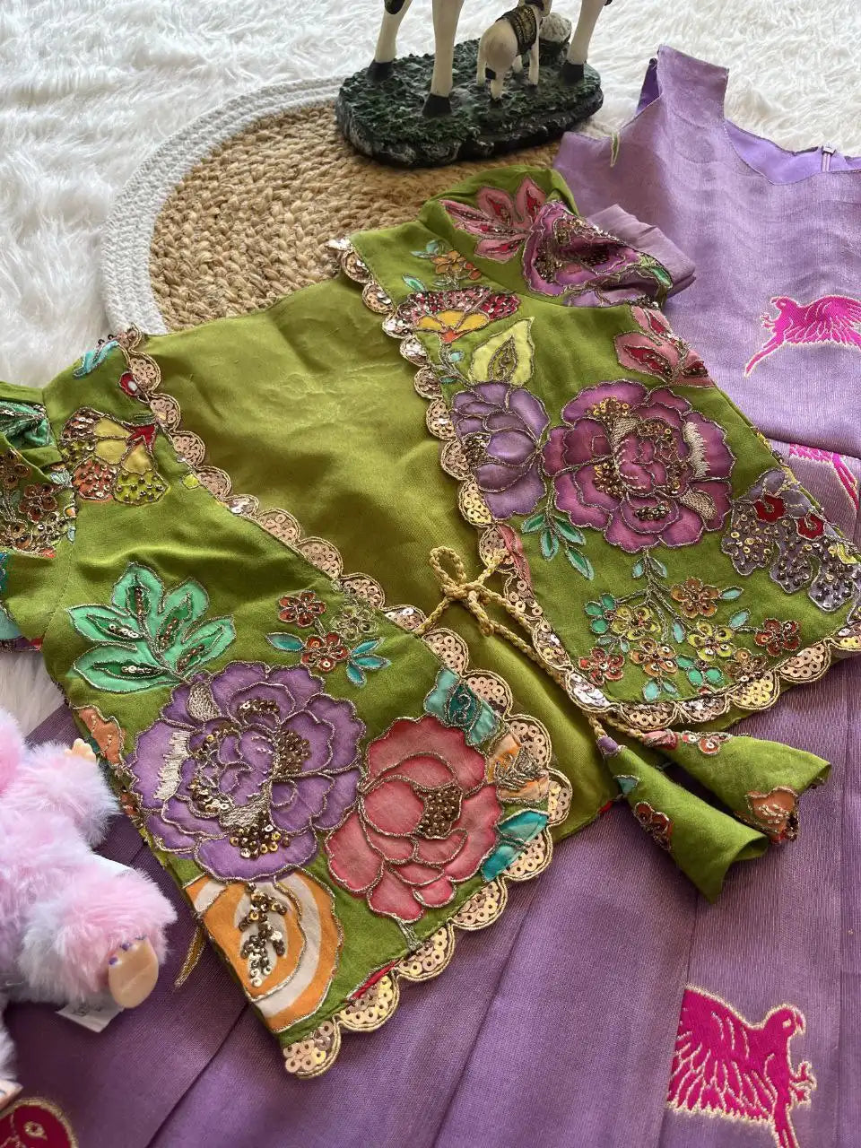 Parrot Design Floral Kids Gown with Coat - Lilac