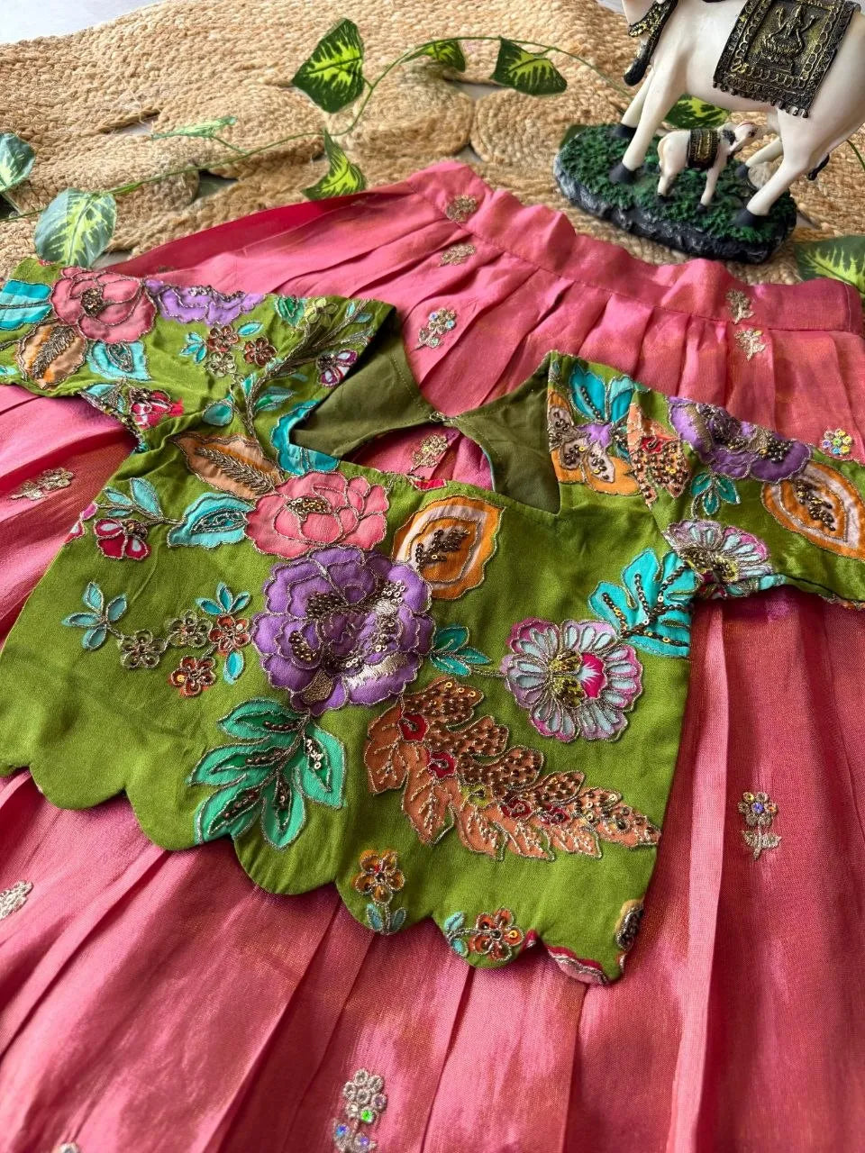 Kids Rainbow Work Designer Lehenga - Parrot & Pink
