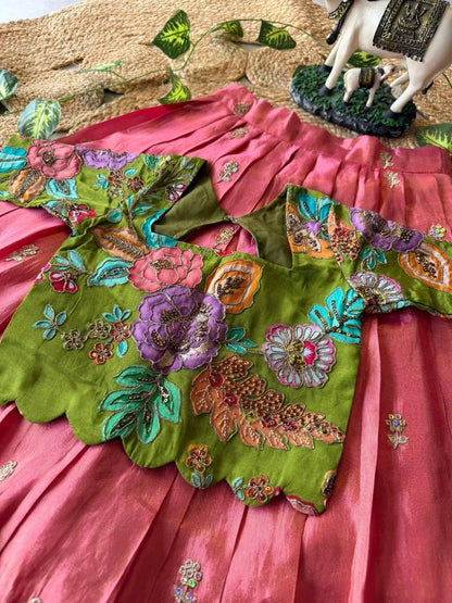 Kids Rainbow Work Designer Lehenga - Parrot & Pink