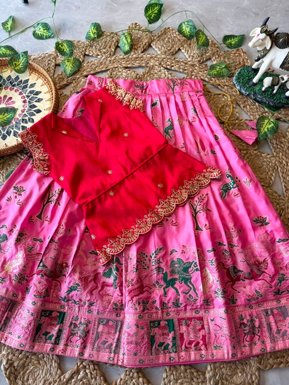 Kids Jungle Theme Position Jacquard Lehenga - Red-Pink