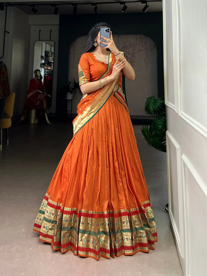 Soft Pure Chanderi Gotta Patti Lace Paithani Lehenga Choli - Orange