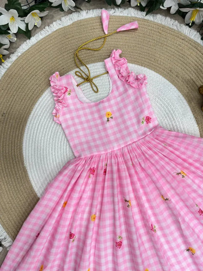 Mul-Chanderi Summer Kids Frock Collection - Baby Pink