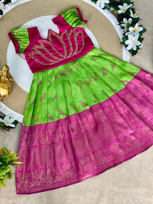 Jaquard Silk Lotus Maggam Work Gown/Frock - Pink & Parrot
