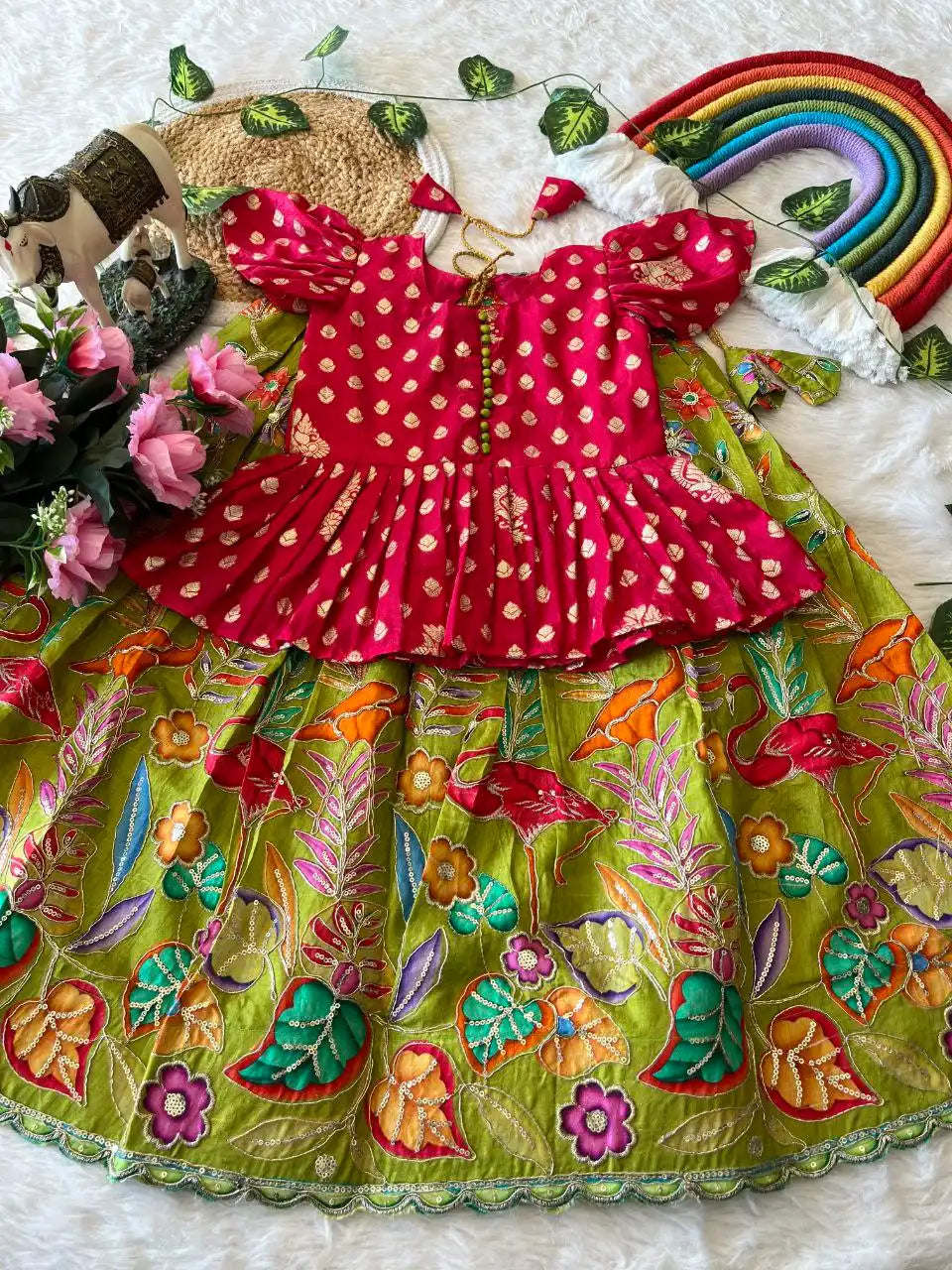 Kids Dola Silk Position Embroidered Lehenga Set - Pink
