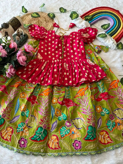 Kids Dola Silk Position Embroidered Lehenga Set - Pink