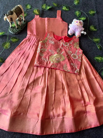 Kids Tissue Gown with Handwork Coat - Baby Pink