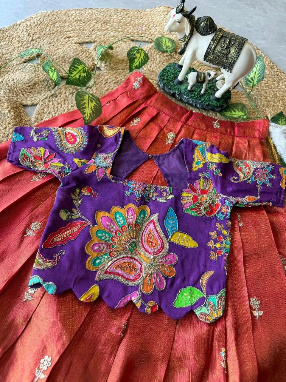 Kids Rainbow Work Designer Lehenga - Blue & Red