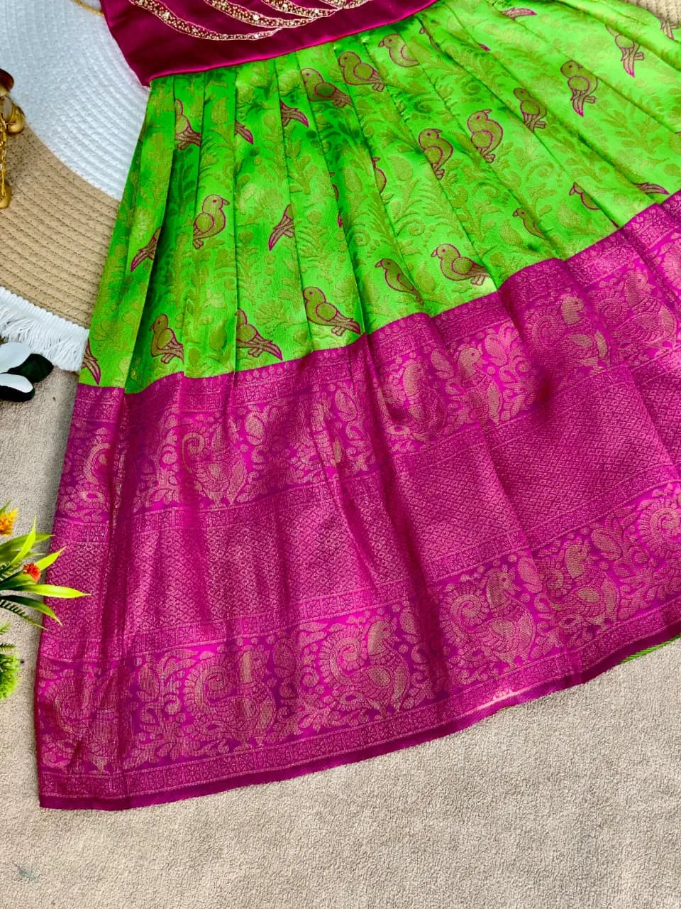 Jaquard Silk Lotus Maggam Work Gown/Frock - Pink & Parrot