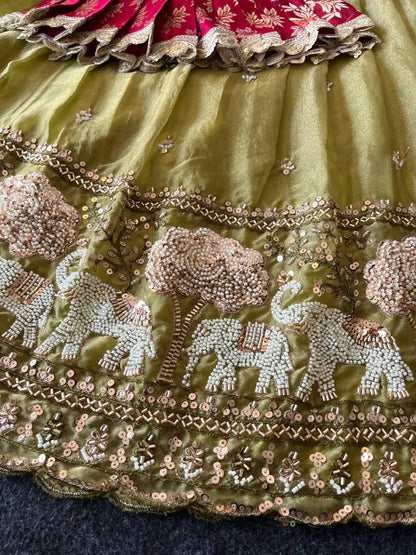 Elephant Garden – Kids Festive Lehenga Set - Mehndi