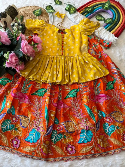 Kids Dola Silk Position Embroidered Lehenga Set - Yellow