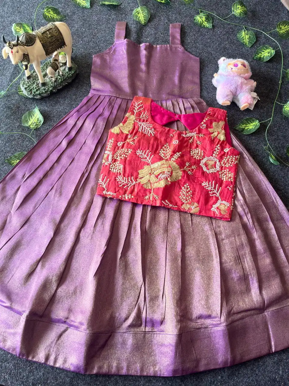 Kids Tissue Gown with Handwork Coat - Lilac & pink