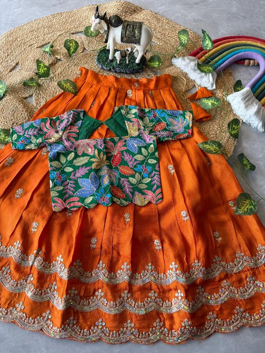 Kids Rainbow Work Designer Lehenga - Green & Orange