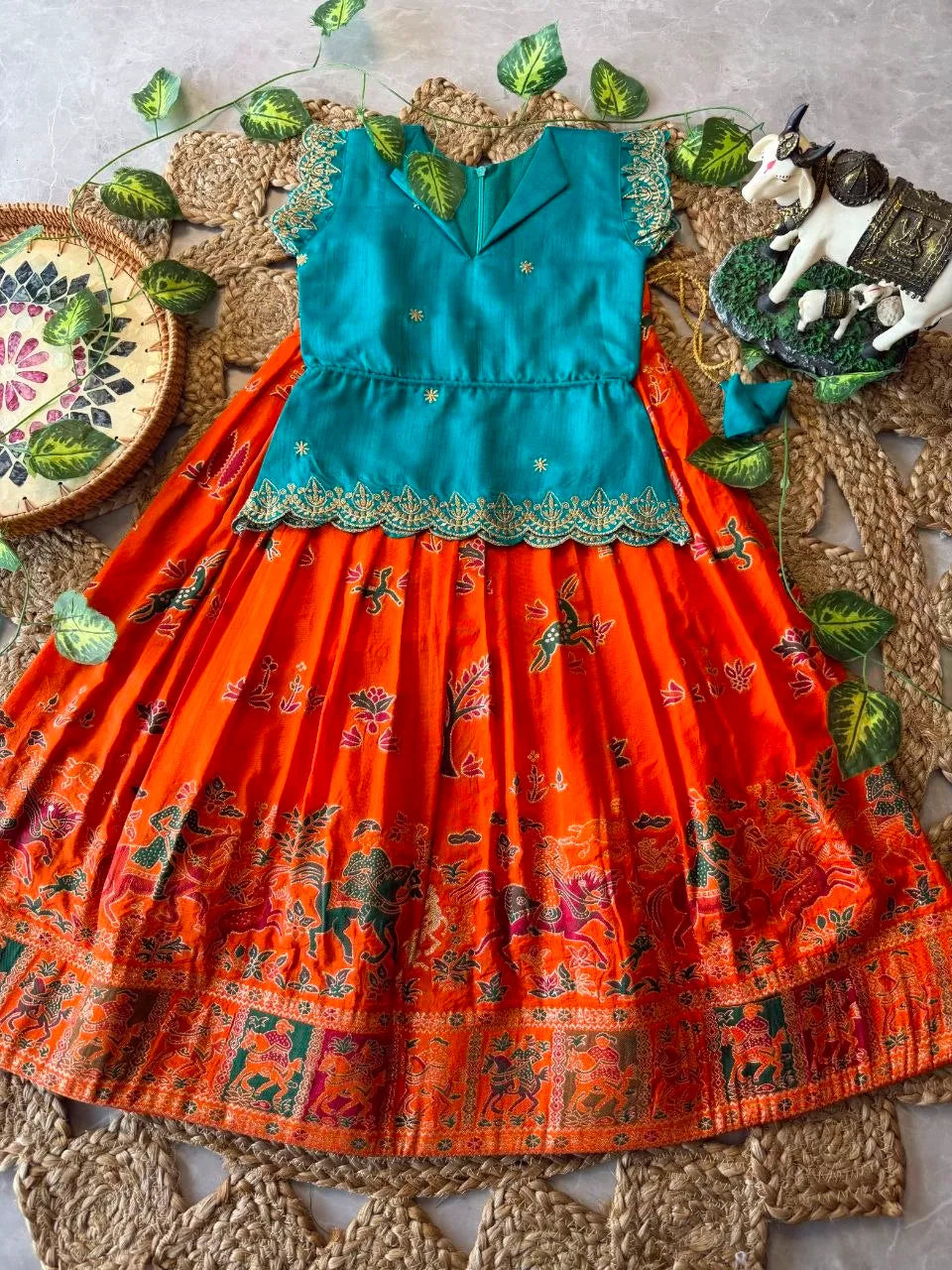 Kids Jungle Theme Position Jacquard Lehenga - Sky-Orange