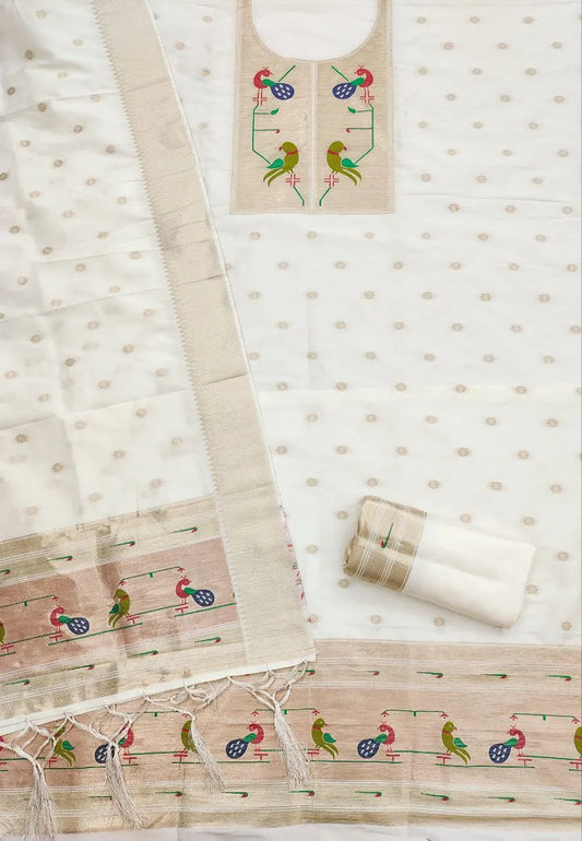 Paithani Soft Silk Unstitched Dress Material with Rich Zari Weaving and Traditional Motifs - White