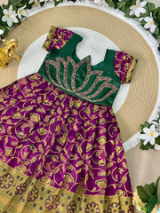 Jaquard Silk Lotus Maggam Work Gown/Frock - Green & Purple