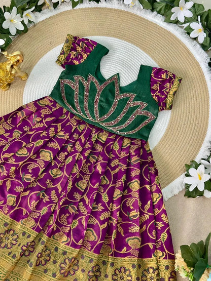 Jaquard Silk Lotus Maggam Work Gown/Frock - Green & Purple