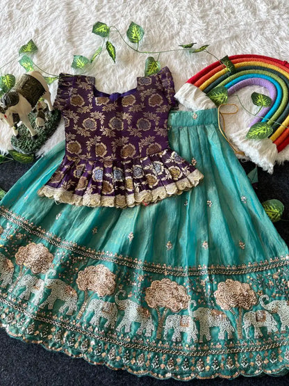 Elephant Garden – Kids Festive Lehenga Set - Sky